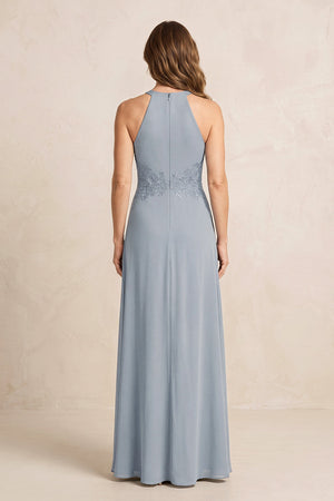 Dusty Blue A-Line Chiffon Embroidered Halter Mother of the Bride Dress (2) | KISSBRIDAL