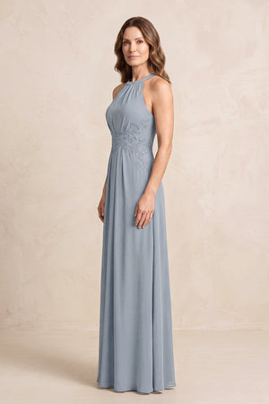 Dusty Blue A-Line Chiffon Embroidered Halter Mother of the Bride Dress (3) | KISSBRIDAL
