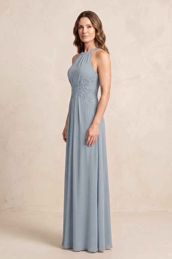 Dusty Blue A-Line Chiffon Embroidered Halter Mother of the Bride Dress (3) | KISSBRIDAL