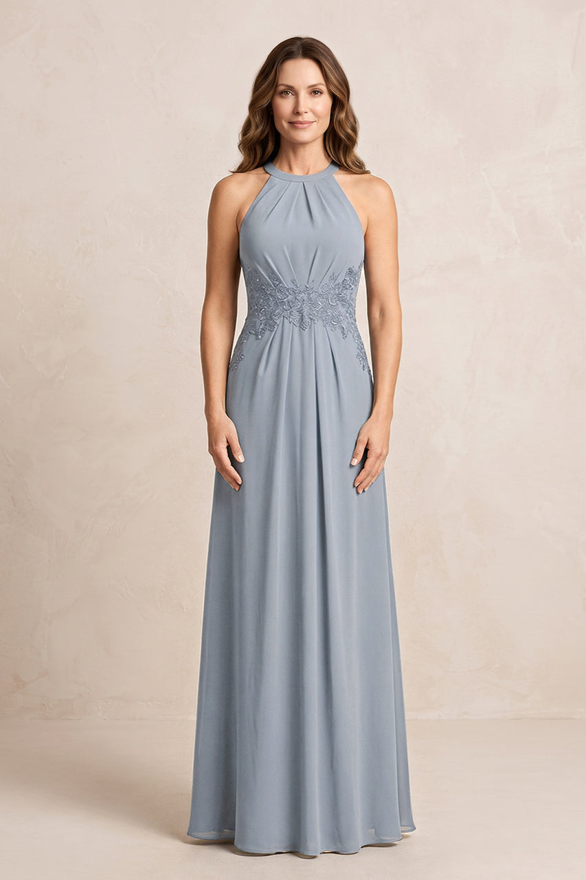 Dusty Blue A-Line Chiffon Embroidered Halter Mother of the Bride Dress