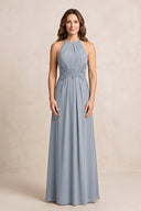 Dusty Blue A-Line Chiffon Embroidered Halter Mother of the Bride Dress | KISSBRIDAL