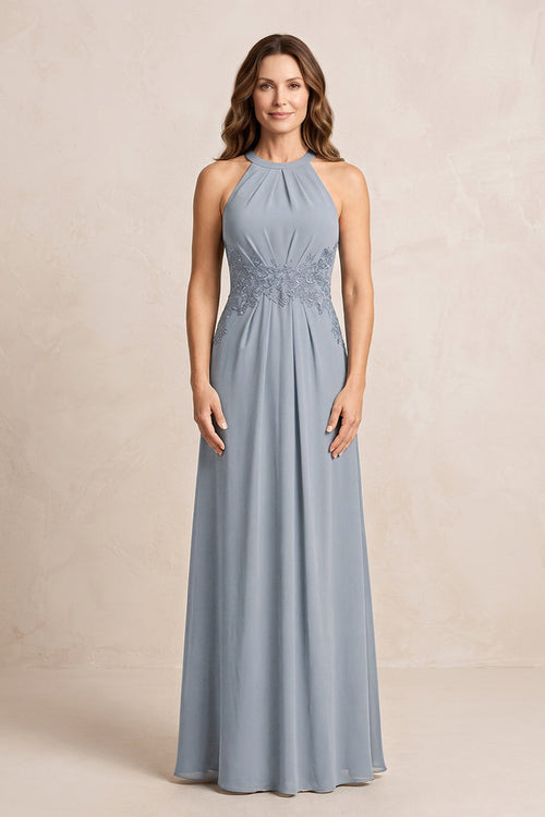 Dusty Blue A-Line Chiffon Embroidered Halter Mother of the Bride Dress | KISSBRIDAL