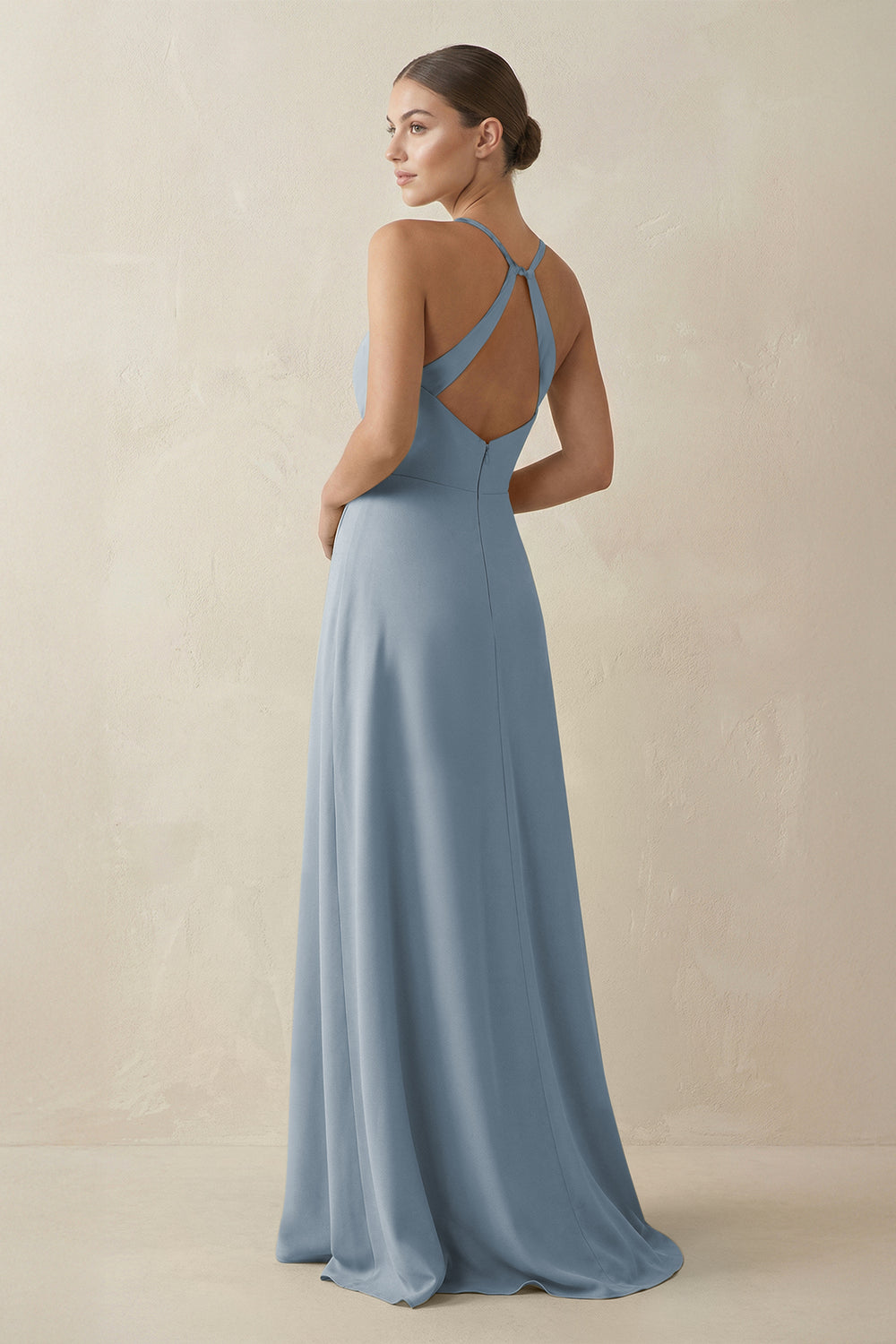 A-Line Chiffon Long Bridesmaid Dress With Slit in Dusty Blue