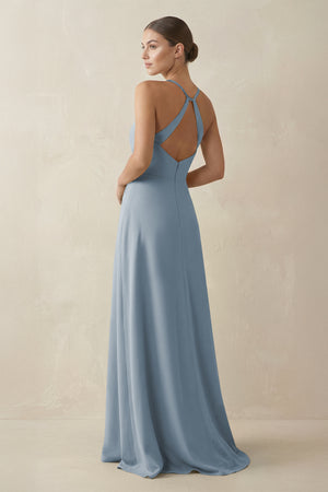 Dusty Blue A-Line Chiffon Long Bridesmaid Dress With Slit (2) | KISSBRIDAL