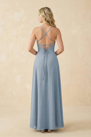 Dusty Blue A-Line Chiffon Spaghetti Strap Bridesmaid Dress (2) | KISSBRIDAL
