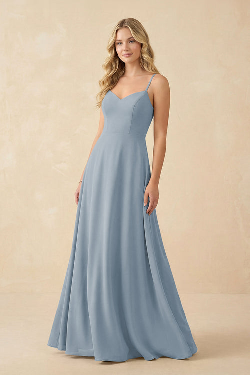 Dusty Blue A-Line Chiffon Spaghetti Strap Bridesmaid Dress | KISSBRIDAL