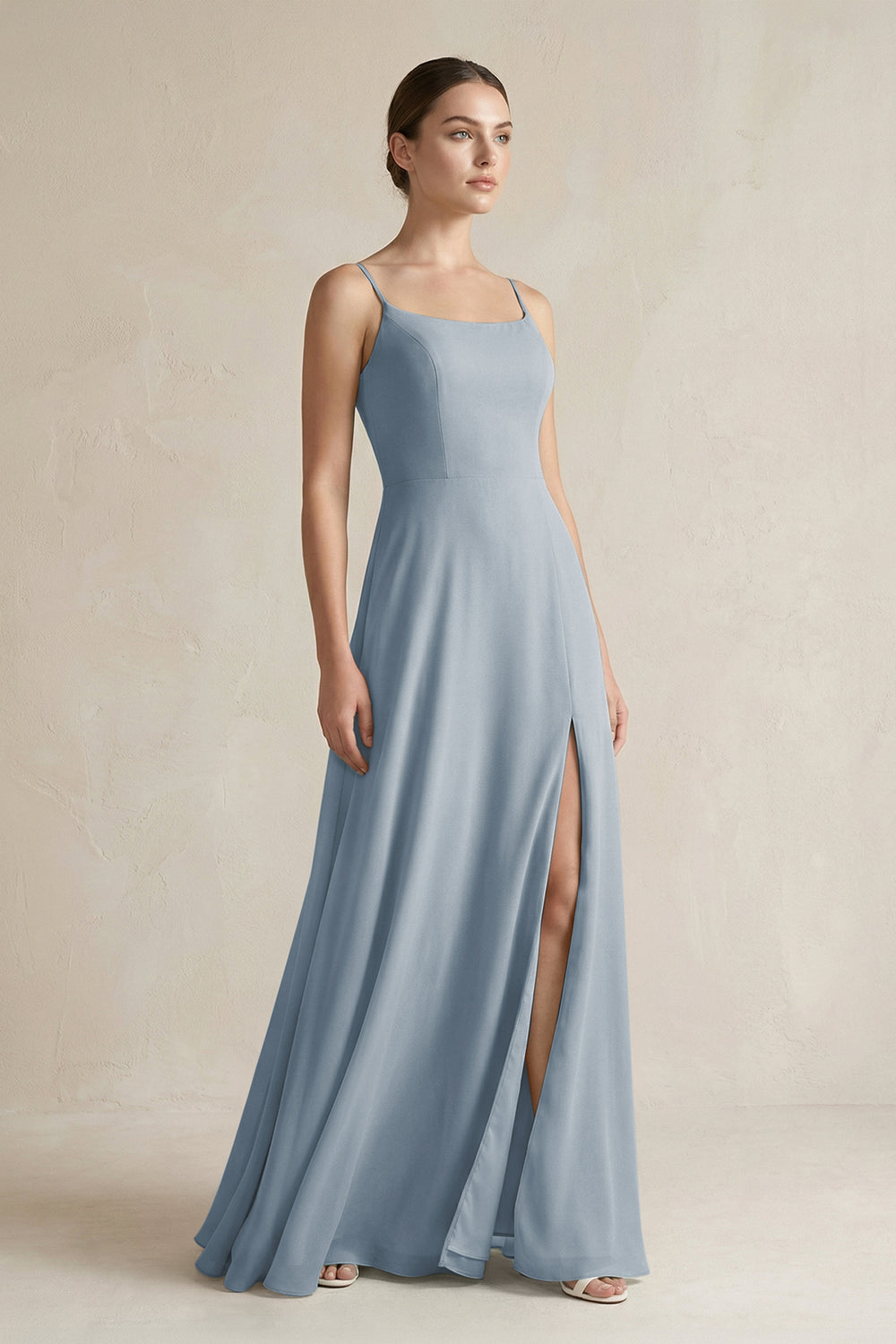 A-Line Chiffon Spaghetti Strap Bridesmaid Dress in Dusty Blue