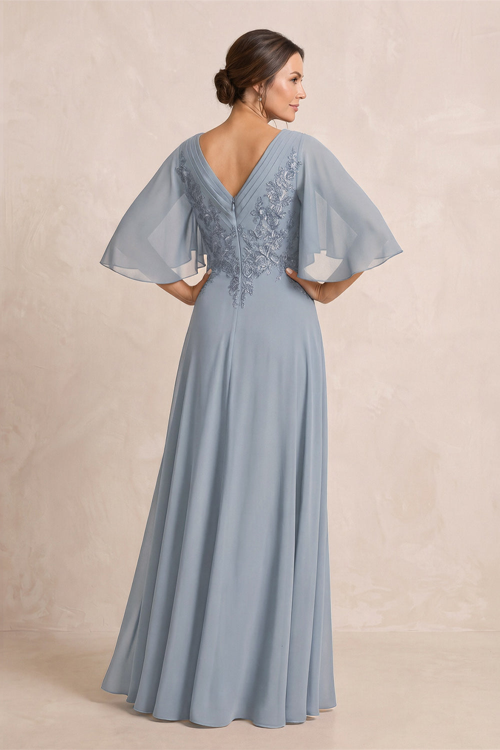 Dusty Blue A-Line Embroidered Chiffon Mother of the Bride Dress With Sleeves