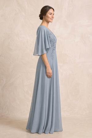 Dusty Blue A-Line Embroidered Chiffon Mother of the Bride Dress With Sleeves (3) | KISSBRIDAL