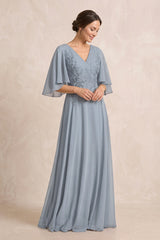 Dusty Blue A-Line Embroidered Chiffon Mother of the Bride Dress With Sleeves | KISSBRIDAL
