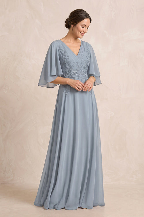 Dusty Blue A-Line Embroidered Chiffon Mother of the Bride Dress With Sleeves | KISSBRIDAL