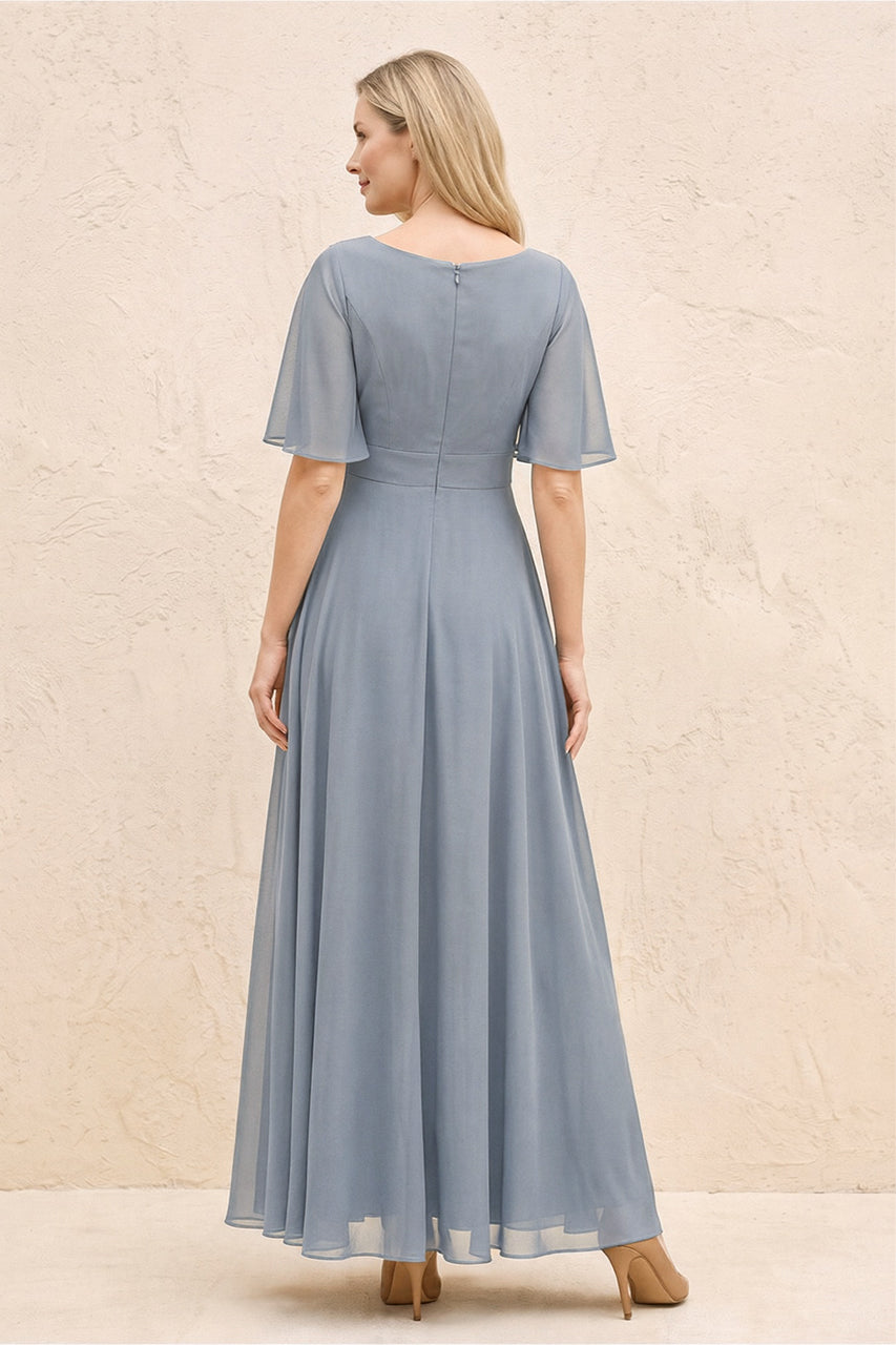 Dusty Blue A-Line Flutter Sleeves Chiffon Mother of the Bride Dress