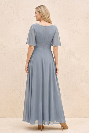 Dusty Blue A-Line Flutter Sleeves Chiffon Mother of the Bride Dress (2) | KISSBRIDAL