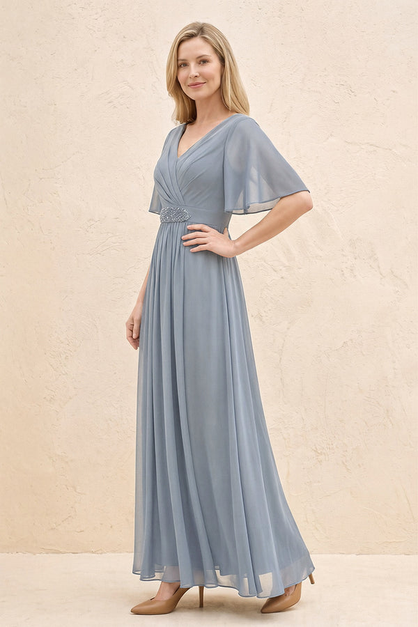 Dusty Blue A-Line Flutter Sleeves Chiffon Mother of the Bride Dress (3) | KISSBRIDAL