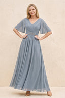 Dusty Blue A-Line Flutter Sleeves Chiffon Mother of the Bride Dress | KISSBRIDAL