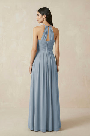 Dusty Blue A-Line Halter Neck Pleated Chiffon Bridesmaid Dress (2) | KISSBRIDAL