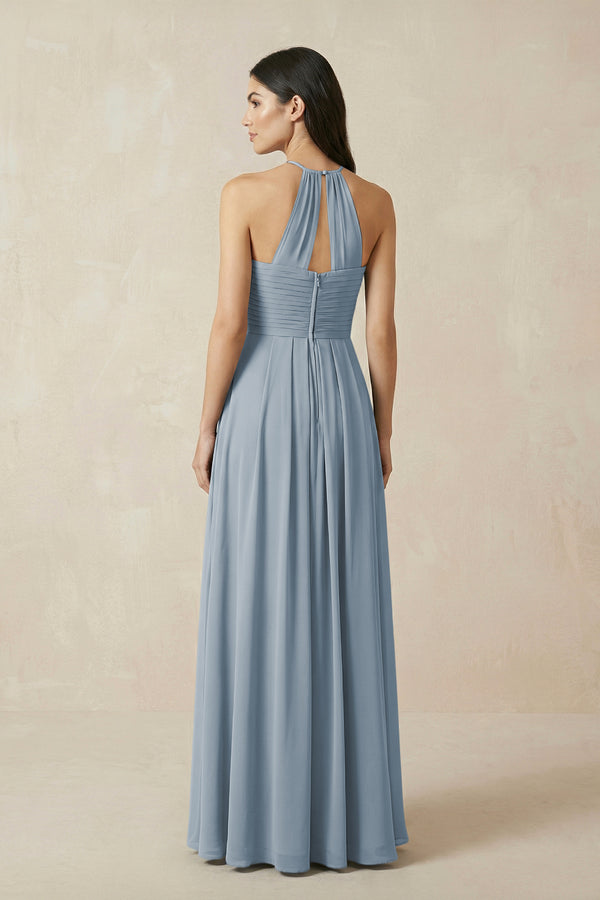 Dusty Blue A-Line Halter Neck Pleated Chiffon Bridesmaid Dress (2) | KISSBRIDAL