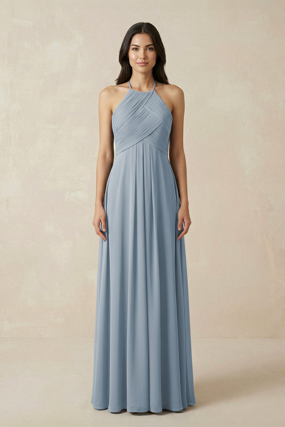A-Line Halter Neck Pleated Chiffon Bridesmaid Dress in Dusty Blue