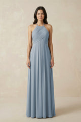 Dusty Blue A-Line Halter Neck Pleated Chiffon Bridesmaid Dress | KISSBRIDAL