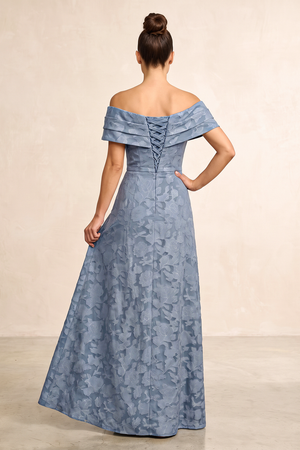 Dusty Blue A-Line Jacquard Off-the-Shoulder Mother of the Bride Dress (2) | KISSBRIDAL