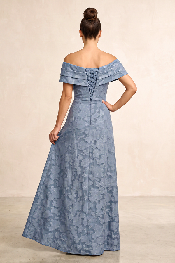 Dusty Blue A-Line Jacquard Off-the-Shoulder Mother of the Bride Dress (2) | KISSBRIDAL