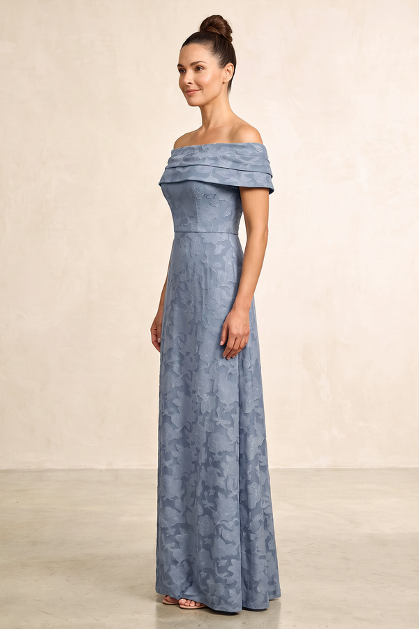 Dusty Blue A-Line Jacquard Off-the-Shoulder Mother of the Bride Dress (3) | KISSBRIDAL