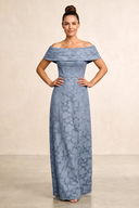 Dusty Blue A-Line Jacquard Off-the-Shoulder Mother of the Bride Dress | KISSBRIDAL