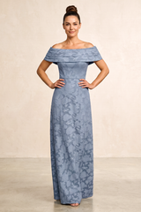 Dusty Blue A-Line Jacquard Off-the-Shoulder Mother of the Bride Dress | KISSBRIDAL