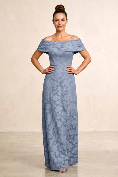 Dusty Blue A-Line Jacquard Off-the-Shoulder Mother of the Bride Dress | KISSBRIDAL