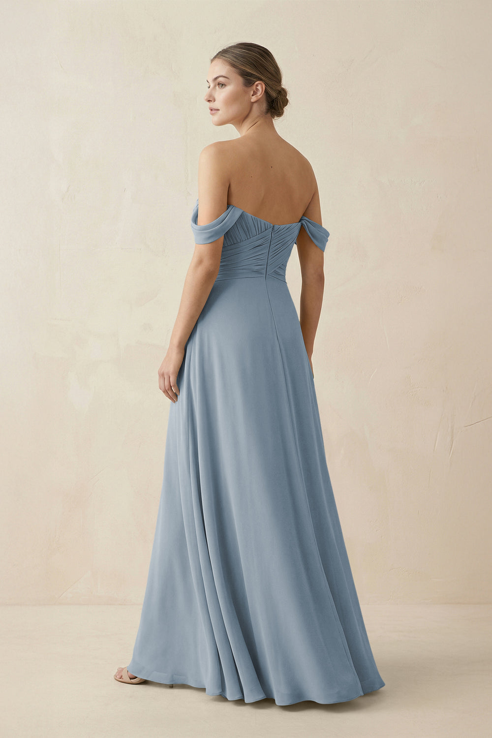A-Line Off-the-Shoulder Chiffon Bridesmaid Dress in Dusty Blue