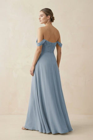 Dusty Blue A-Line Off-the-Shoulder Chiffon Bridesmaid Dress (2) | KISSBRIDAL