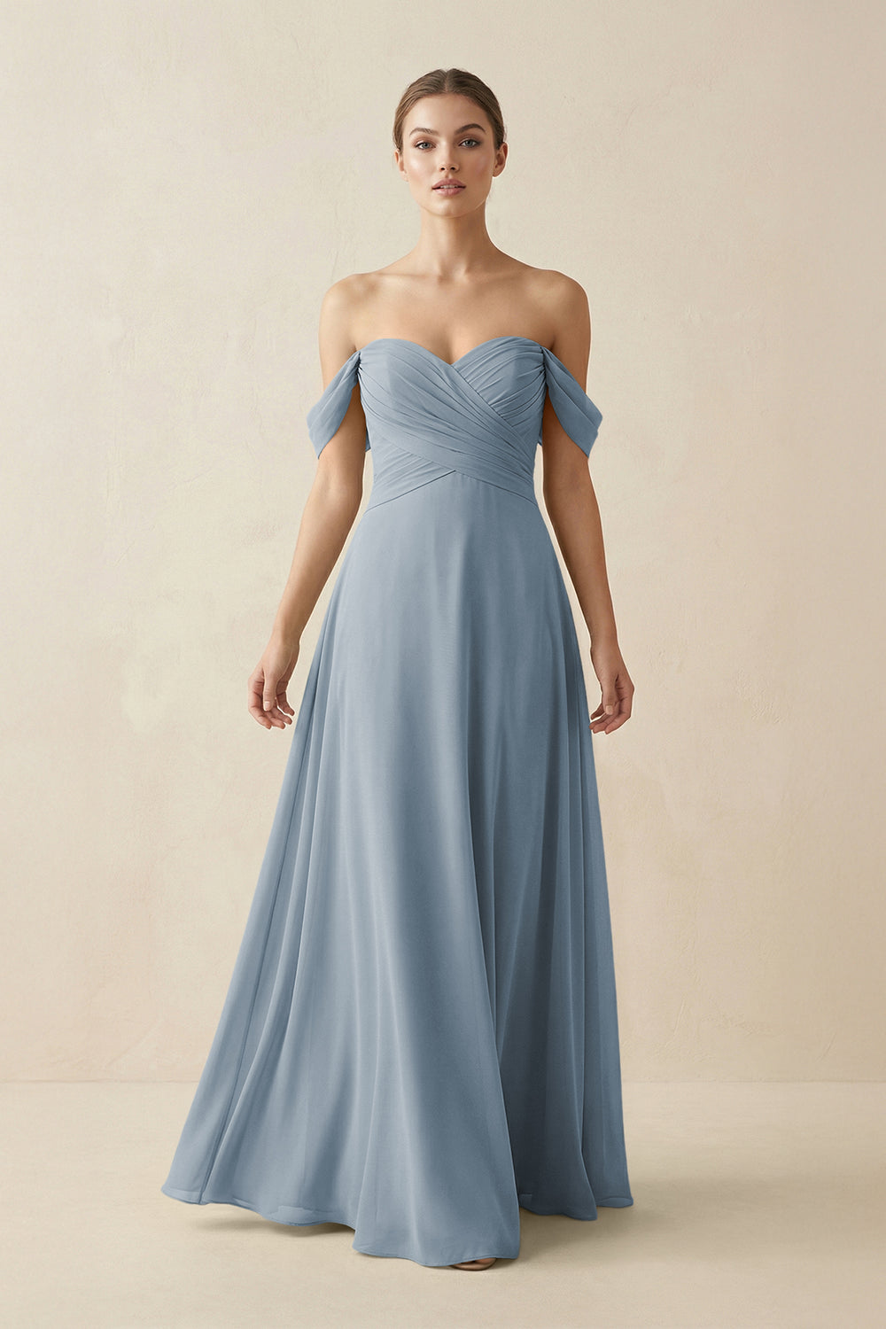 A-Line Off-the-Shoulder Chiffon Bridesmaid Dress in Dusty Blue