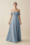 Dusty Blue A-Line Off-the-Shoulder Chiffon Bridesmaid Dress | KISSBRIDAL