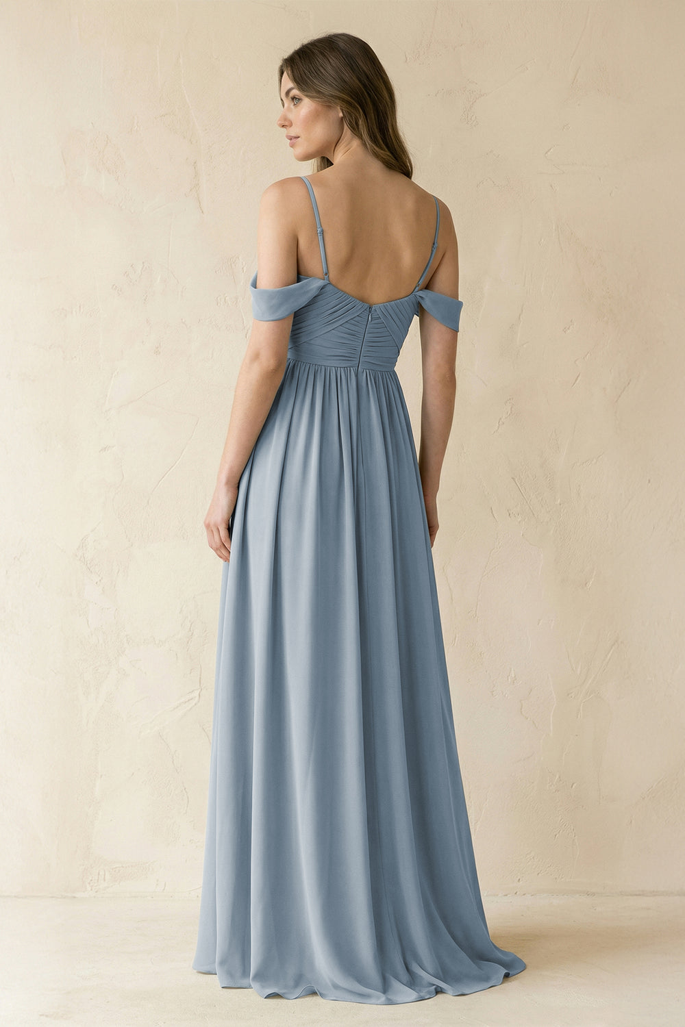 A-Line Off-the-Shoulder Pleated Chiffon Bridesmaid Dress in Dusty Blue