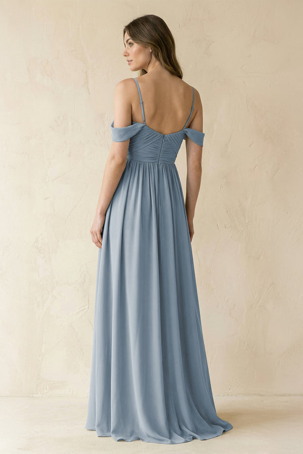 Dusty Blue A-Line Off-the-Shoulder Pleated Chiffon Bridesmaid Dress (2) | KISSBRIDAL