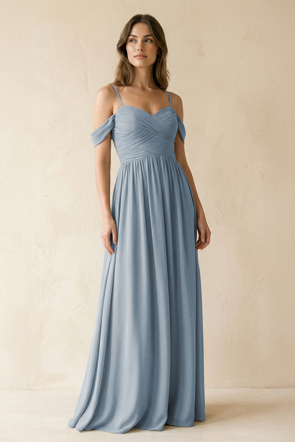 A-Line Off-the-Shoulder Pleated Chiffon Bridesmaid Dress in Dusty Blue