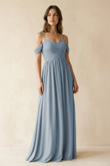 Dusty Blue A-Line Off-the-Shoulder Pleated Chiffon Bridesmaid Dress | KISSBRIDAL