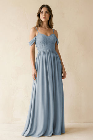 Dusty Blue A-Line Off-the-Shoulder Pleated Chiffon Bridesmaid Dress | KISSBRIDAL