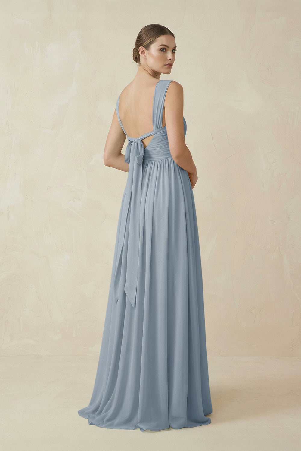 A-Line Pleated Chiffon Long Bridesmaid Dress in Dusty Blue