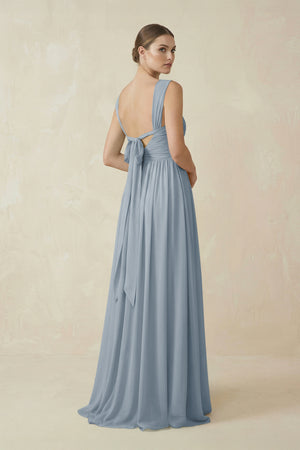 Dusty Blue A-Line Pleated Chiffon Long Bridesmaid Dress (2) | KISSBRIDAL