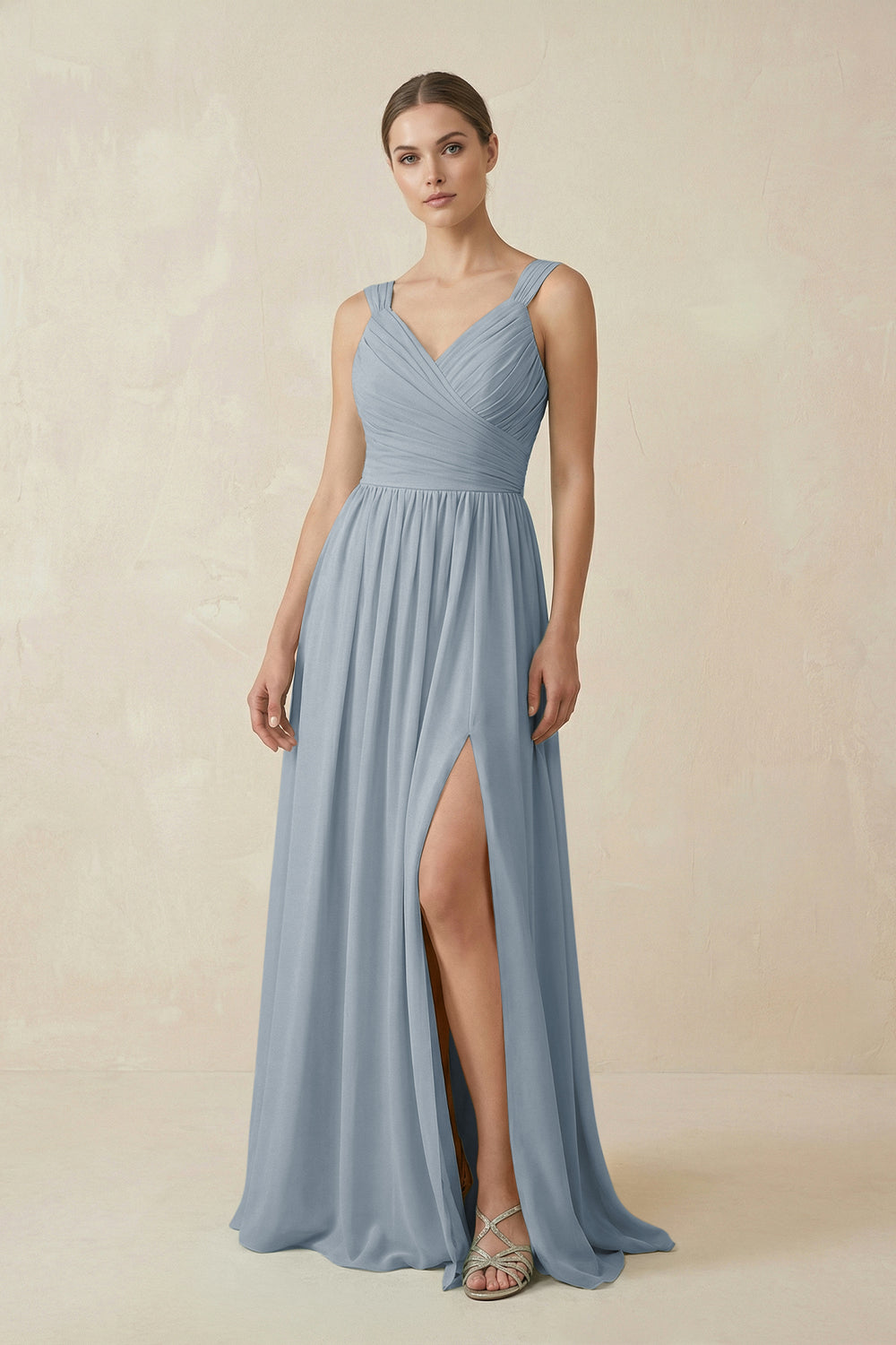 A-Line Pleated Chiffon Long Bridesmaid Dress in Dusty Blue