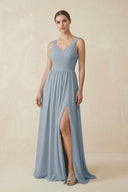 Dusty Blue A-Line Pleated Chiffon Long Bridesmaid Dress | KISSBRIDAL