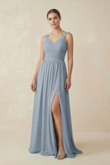 Dusty Blue A-Line Pleated Chiffon Long Bridesmaid Dress | KISSBRIDAL