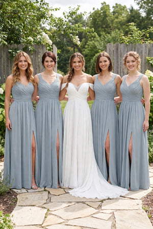 Dusty Blue A-Line Pleated Chiffon Long Bridesmaid Dress | KISSBRIDAL