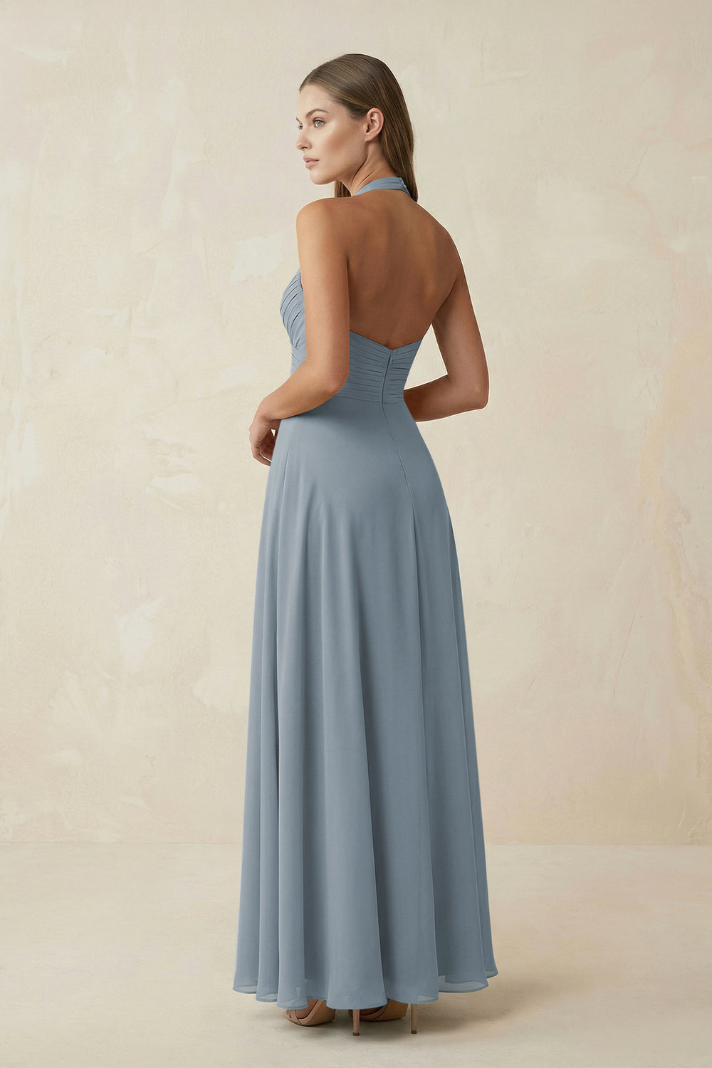 A-Line Pleated Chiffon V-Neck Bridesmaid Dress in Dusty Blue
