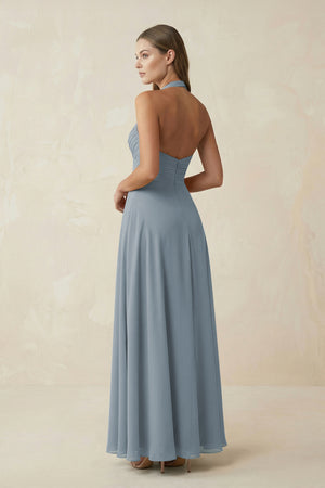 Dusty Blue A-Line Pleated Chiffon V-Neck Bridesmaid Dress (2) | KISSBRIDAL