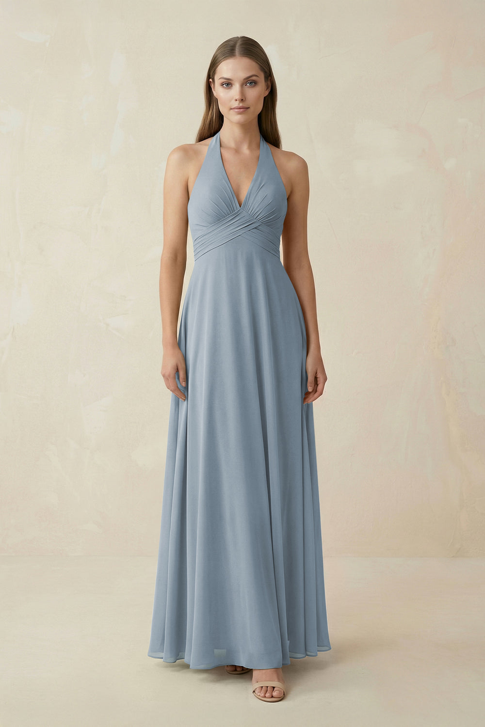 A-Line Pleated Chiffon V-Neck Bridesmaid Dress in Dusty Blue