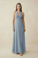Dusty Blue A-Line Pleated Chiffon V-Neck Bridesmaid Dress | KISSBRIDAL