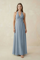 Dusty Blue A-Line Pleated Chiffon V-Neck Bridesmaid Dress | KISSBRIDAL