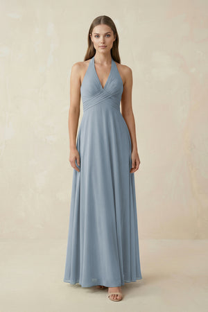 Dusty Blue A-Line Pleated Chiffon V-Neck Bridesmaid Dress | KISSBRIDAL